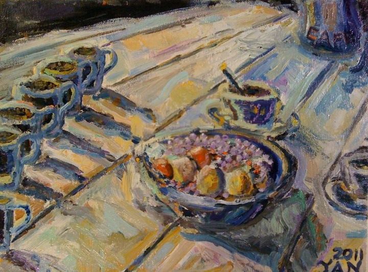 coffee and fruit on table